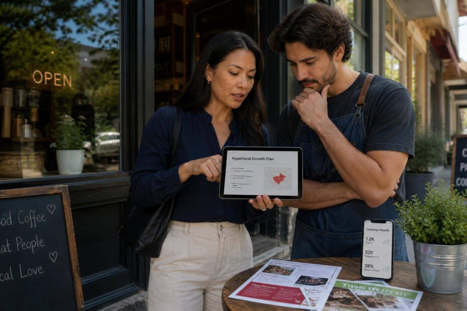 Especialista em marketing mostra plano digital a dono de café de bairro em rua urbana