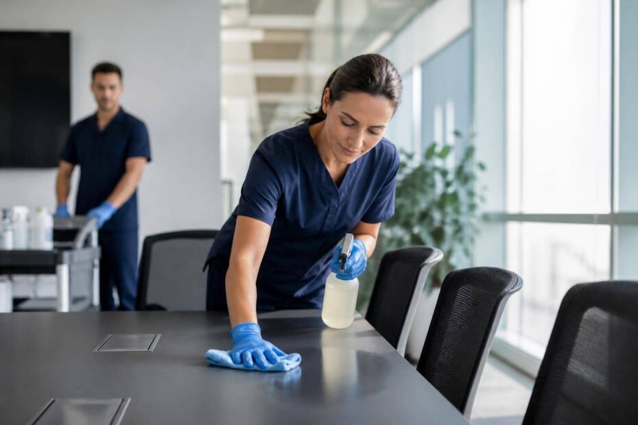 Funcionária de limpeza uniformizada limpando uma mesa de conferência em um escritório moderno, com carrinho de suprimentos ao fundo